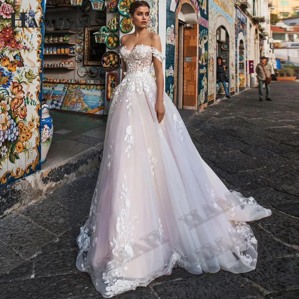 

HAMMAH Sweetheart Glamorous Wedding Dresses For Women Off The Shoulder Appliques A Line Sweep Train Lacing Up Made To Order