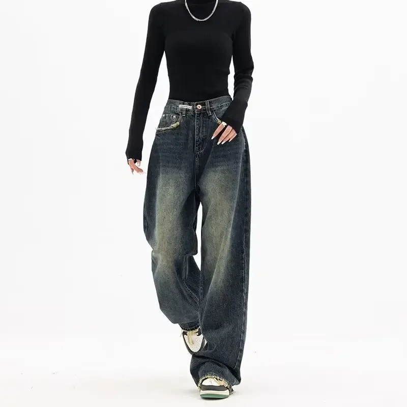 

Harajuku Streetwear Retro Fashion Autumn Women High Waist Jeans Loose Wide Leg Straight Loose Denim Trousers Y2K Baggy Pants