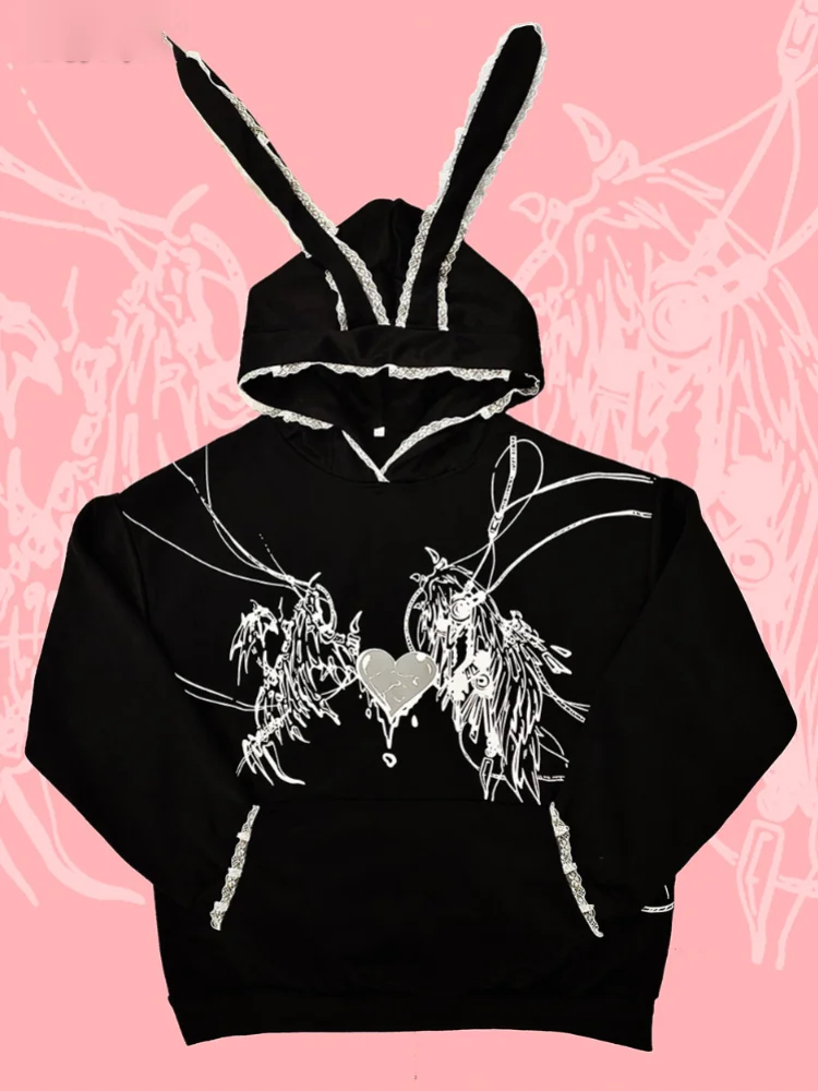 

Кружевные осенние черные милые крутые толстовки в стиле хип-хоп Harajuku с принтом робота Кролика Винтажный пуловер с капюшоном Свитшот винтажная толстовка с аниме