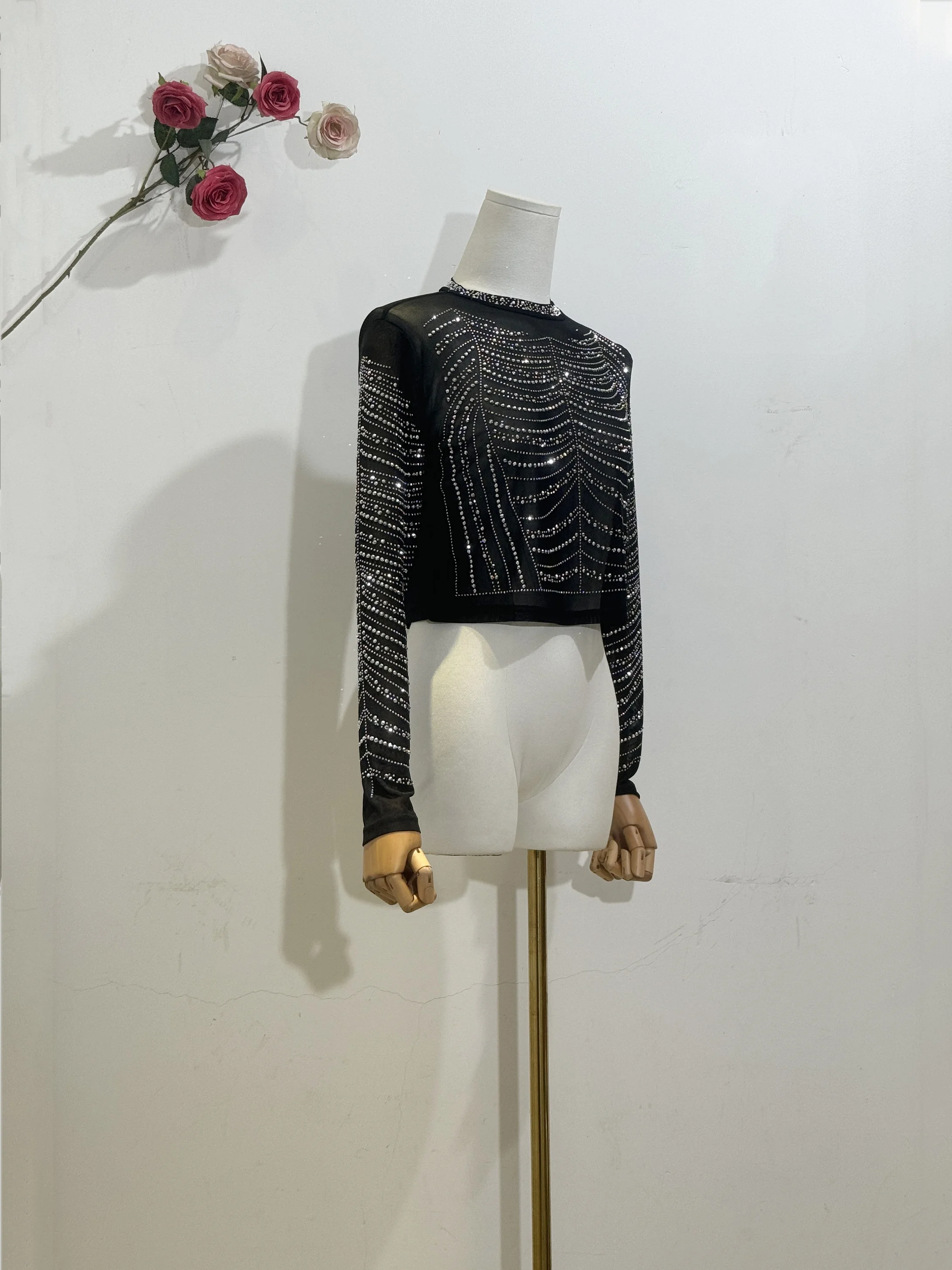 Женский праздничный Топ H80 &amp S90 Сетчатая футболка с круглым вырезом и длинным