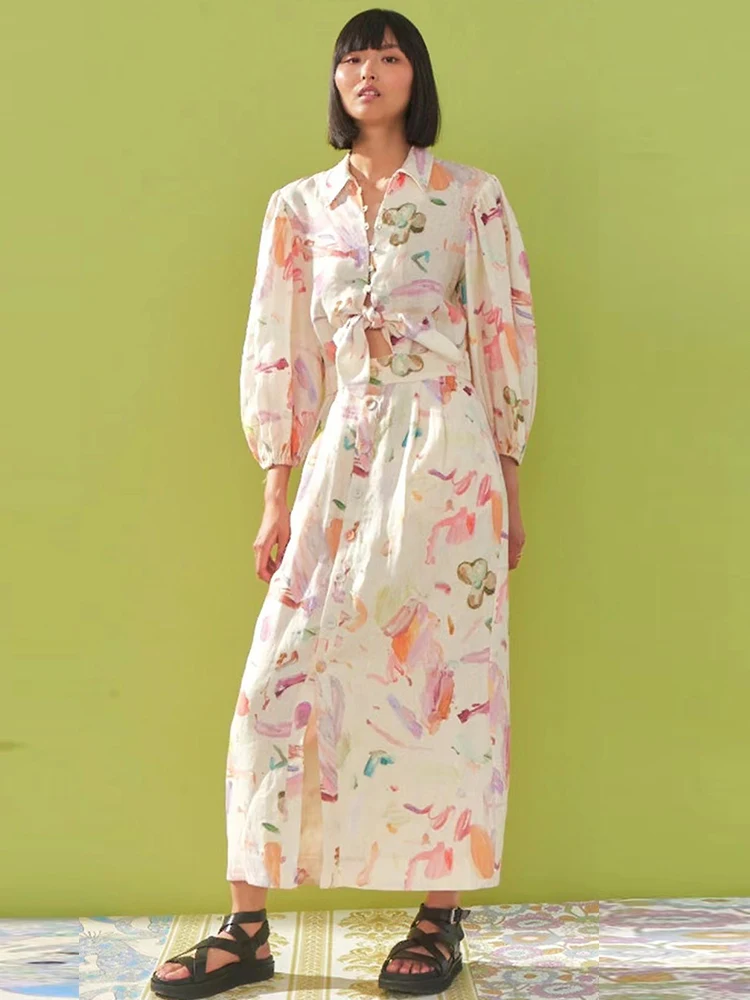 

Designer Retro Print Lapel Single Breasted Bow Knot Cutout High Waist Dress Ladies Summer New Fashion Pack Hip Straight Skirt