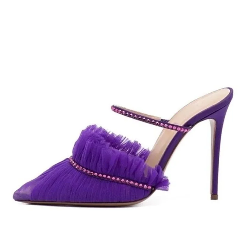 

Мюли женские на высоком каблуке, фиолетовые сетчатые плиссированные туфли без застежки, заостренный носок, ремешок с кристаллами, цвет белый/розовый