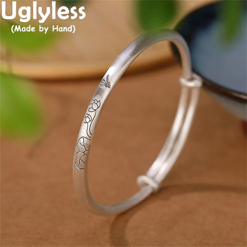 

Uglyless Solid 999 Pure Silver Push-pull Adjustable Bangles for Women Thai Silver Lotus Flower Bangles Ethnic Vintage Jewelry