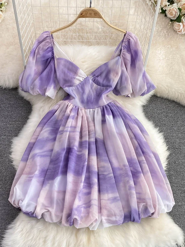 

Summer Sweet Women Printed Mini Dress Sexy V-Neck Puff Short Sleeve High Waist A-Line Draped Vestidos New Fashion Pleated Robe