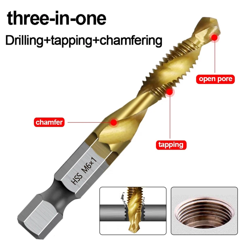 

12pcs Titanium Plated Hex Shank HSS Screw Thread Metric Tap Drill Compound Tap Workshop Equipment Power Tools Drill Bits