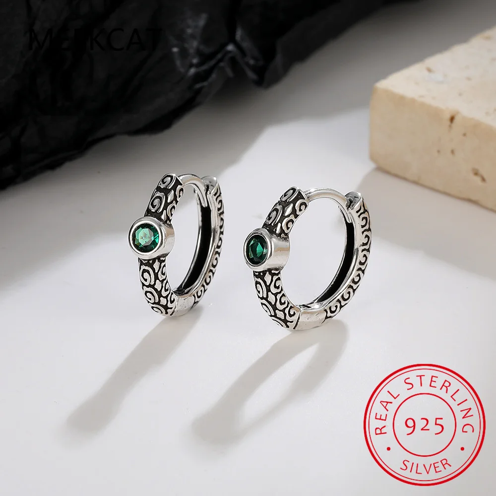 

100% 925 Sterling Silver Vintage Pattern Ear Buckles for Women Green Emerald Hoop Earrings Women Statement Jewelry Ears Gift