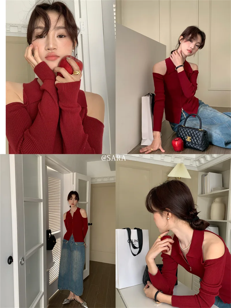 Модный шикарный свитер с открытыми плечами новинка весны облегающие корейские