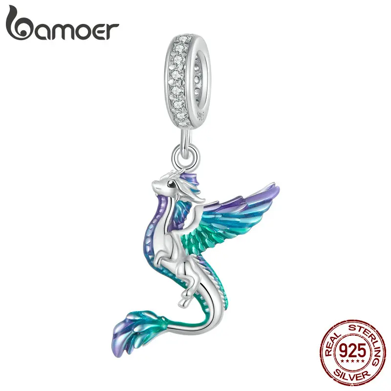 Bamoer 925 Sterling Silver Colorful Enamel Flying Dragon Pendant Charms for Women Bracelet and Necklace DIY SCC2447