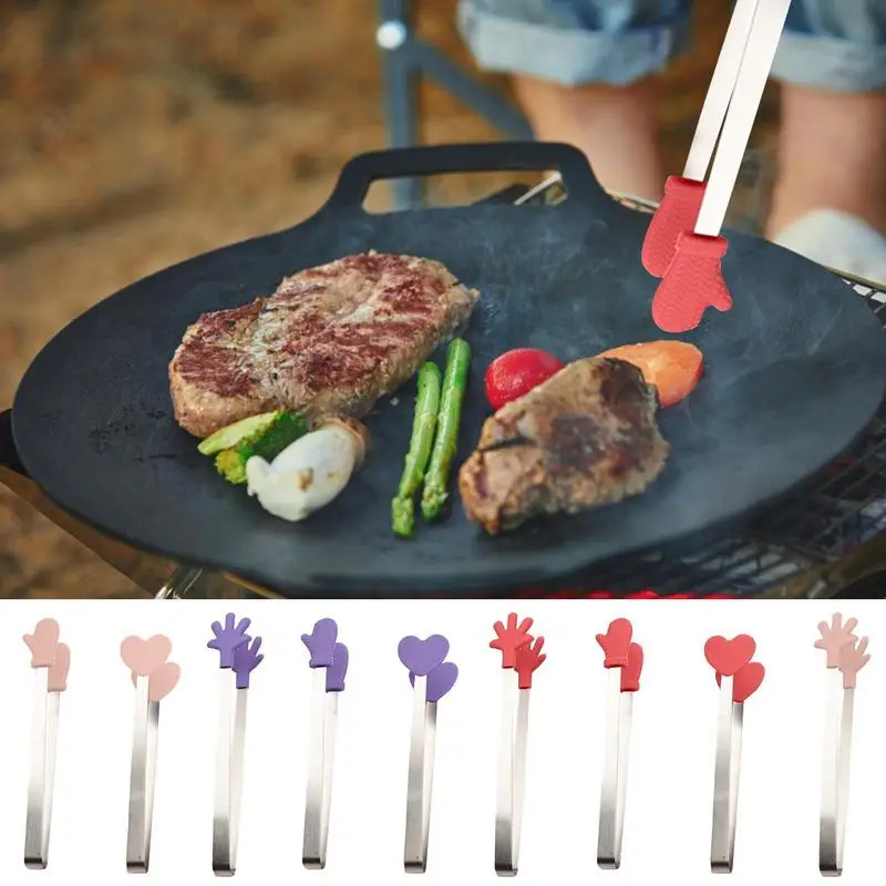 

Small Silicone Tongs With Stainless Steel Handle Non-Stick Grilling Tongs Colorful Hand Shape Multifunctional Food Clip