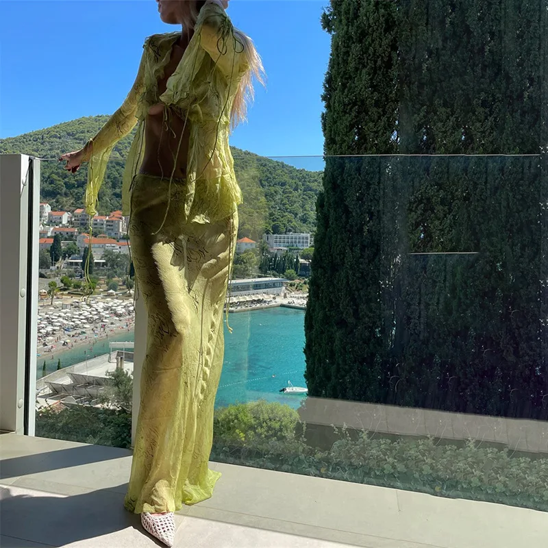 APIPEE Принт Зеленый Y2K Сетчатый топ с длинными рукавами Рубашки Зеленая и