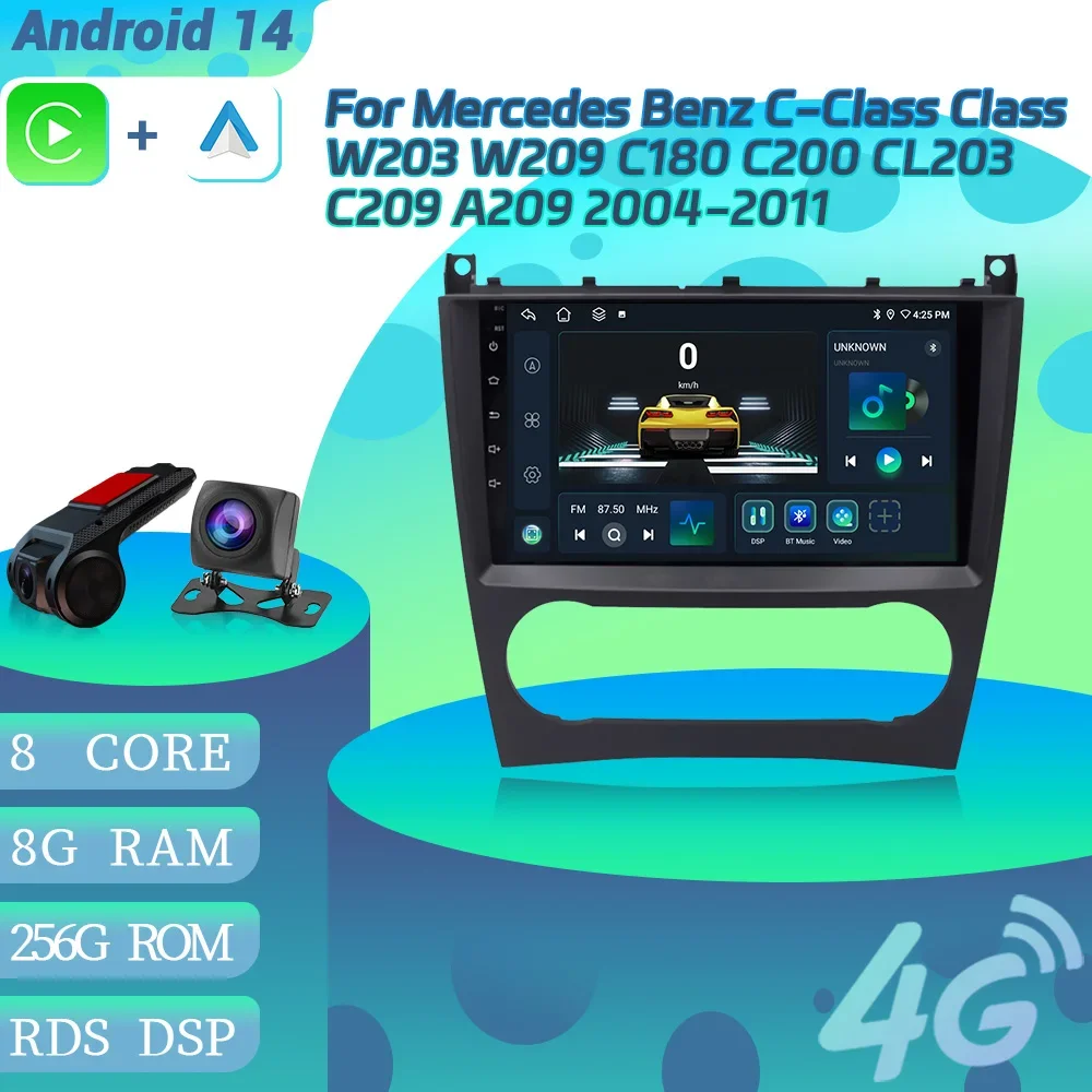 Автомобильный радиоприемник Android 14 для Mercedes Benz C-Class W203 W209 C180 C200 CL203 C209 A209 2004-2011