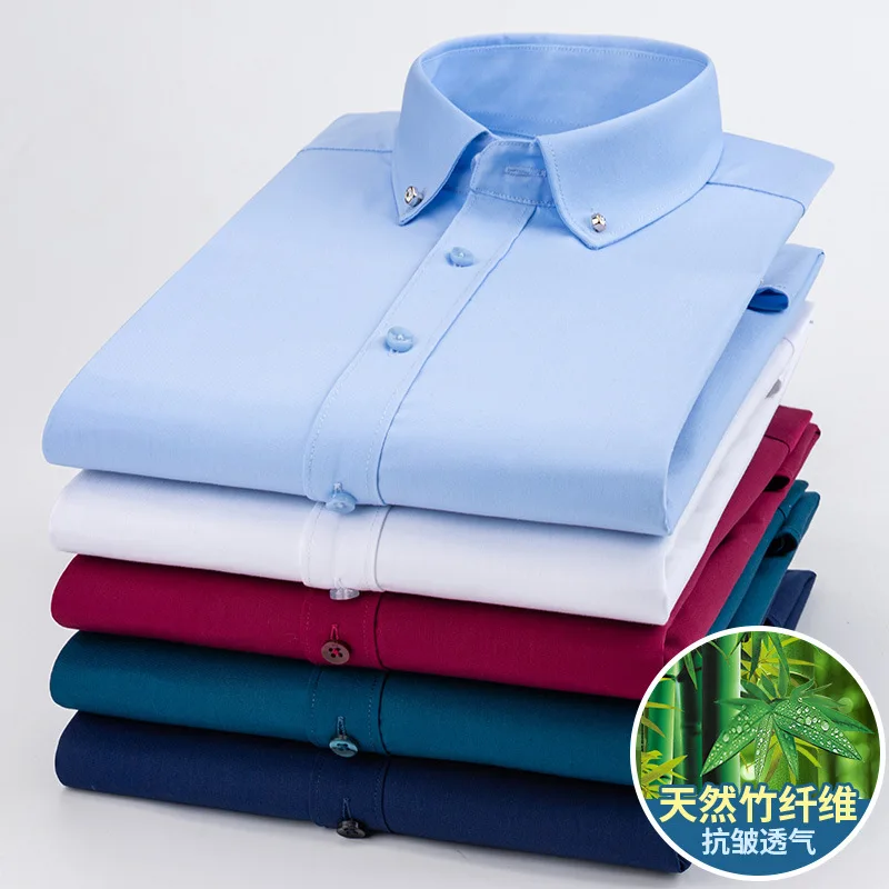 Rhinestone Shirt Bamboo Fiber Elastic Short Sleeve Shirt Men Summer Comfort Soft Work Easy Care White Shirt Man Casual Business