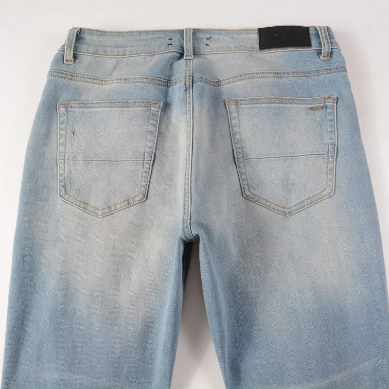 Men's Distressed Light Blue Streetwear Stretch Skinny Black Rhinestons Destroyed Holes Graffiti High Street Slim Fit Brand Jeans