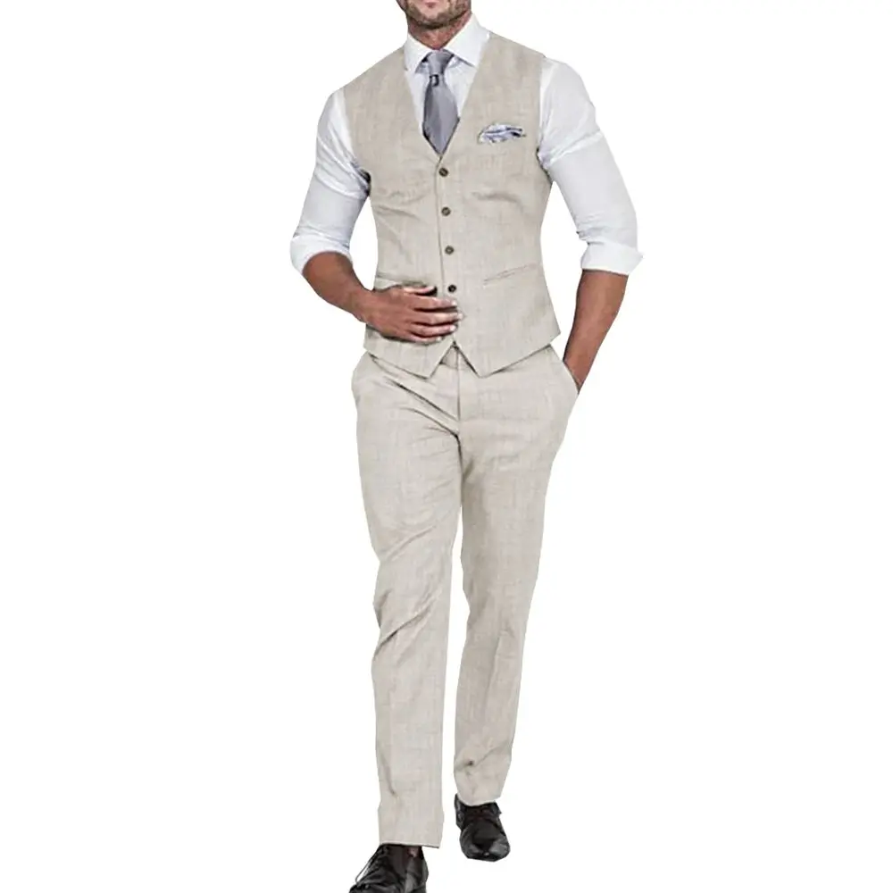 

Summer Men's Vest 2-Piece Set V-Neck Single Breasted Sleeveless Jacket Business Casual Slim Vest Groom Wedding Dress（Vest+Pants)