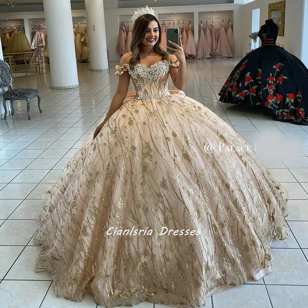 

Золотистые блестящие платья с открытыми плечами и кристаллами, бальное платье с поясом и бантом на спине, корсет для милой вечеринки для дев...