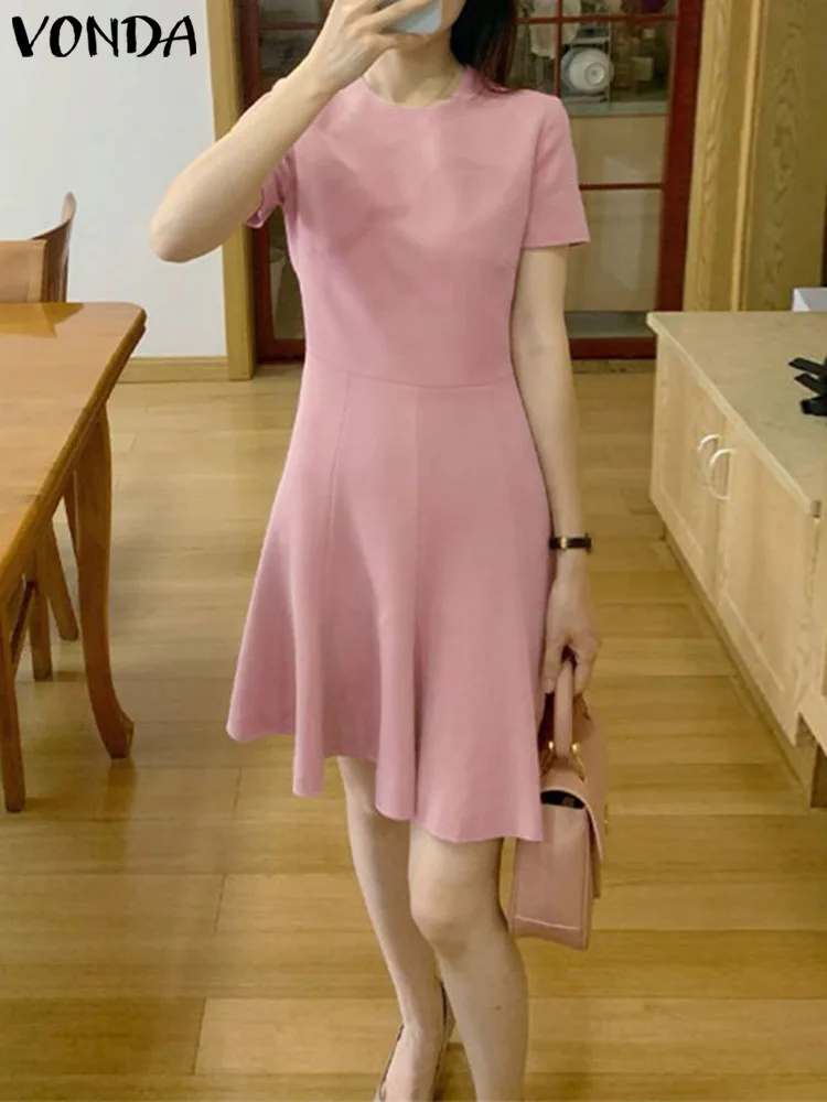 

VONDA Elegant Dress 2023 Fashion Summer Women Sexy Short Sleeve Beach Sundress Casual Loose Solid Color Female Mini Vestidos