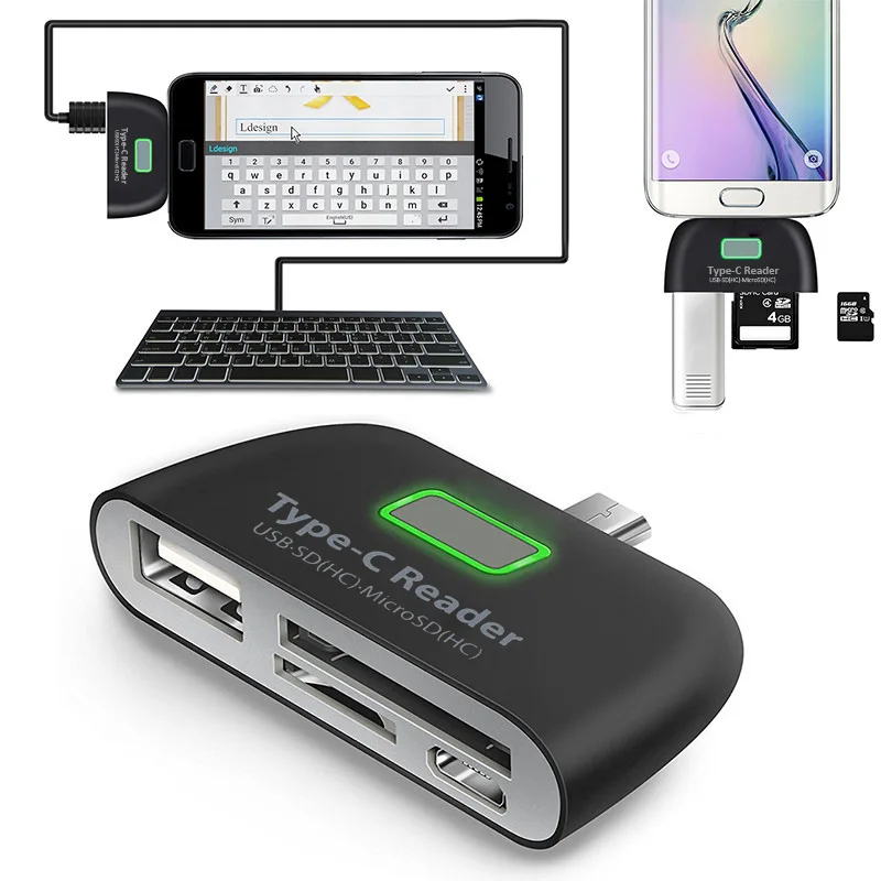 

Multi-function 4 In 1 OTG/TF/SD Smart Card Reader with Micro USB/Type C Charge Port