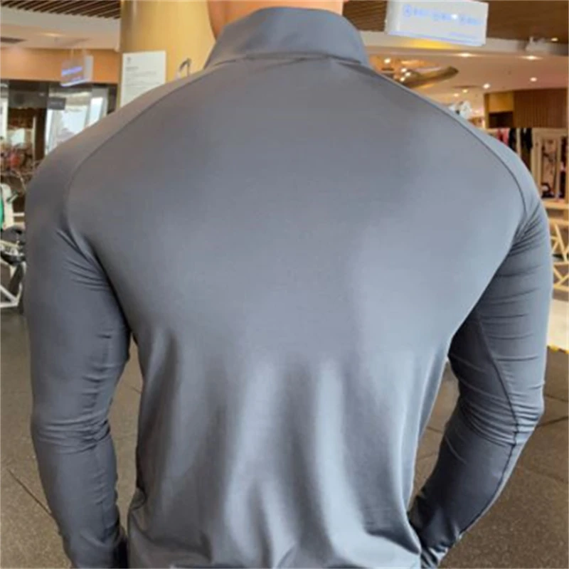 Men's Patchwork Fitness Sweatshirts With Zipper Elastic Shrink Quick Dry Thin Long Sleeve Sports Tops Autumn Casual Sportwear