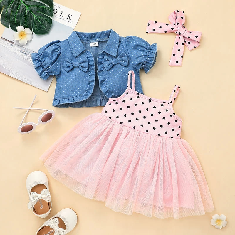 

Heart Printed Dress with Denim Jacket Girls Summer Clothes Bow Tulle Tutu Party Dresses for Girls Birthday Outfits Costume Sets