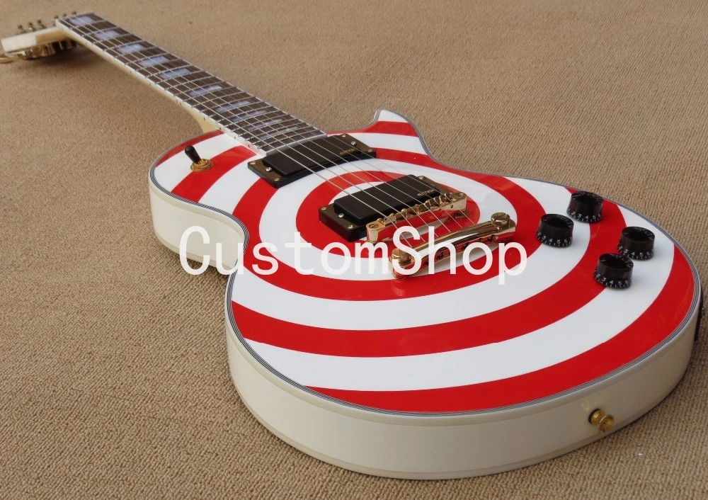 

Zakk Wylde Red bullseye White Electric Guitar Black Speed Knobs, White Pearl Block Inlay, Copy EMG Pickups, Golden Hardware