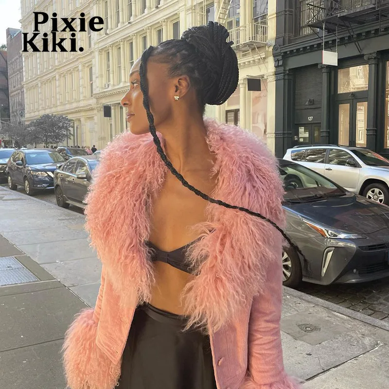 

PixieKiki розовый пушистый воротник из искусственного меха теплые вельветовые куртки для женщин 2022 уличная мода укороченные пальто винтажная о...