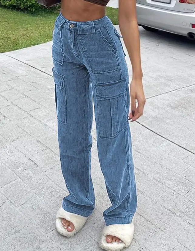 

Casual Pocket Design Straight Leg Denim Cargo Pants for Women European & American Fashion Women's Clothing Plain Jeans Female