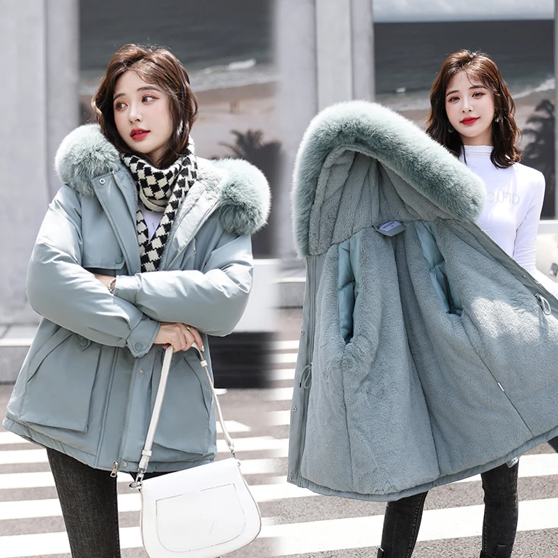 New Winter Jacket Women's Parka Fashion Coat Hooded Loose Warm Snow with Fur Collar Thickened