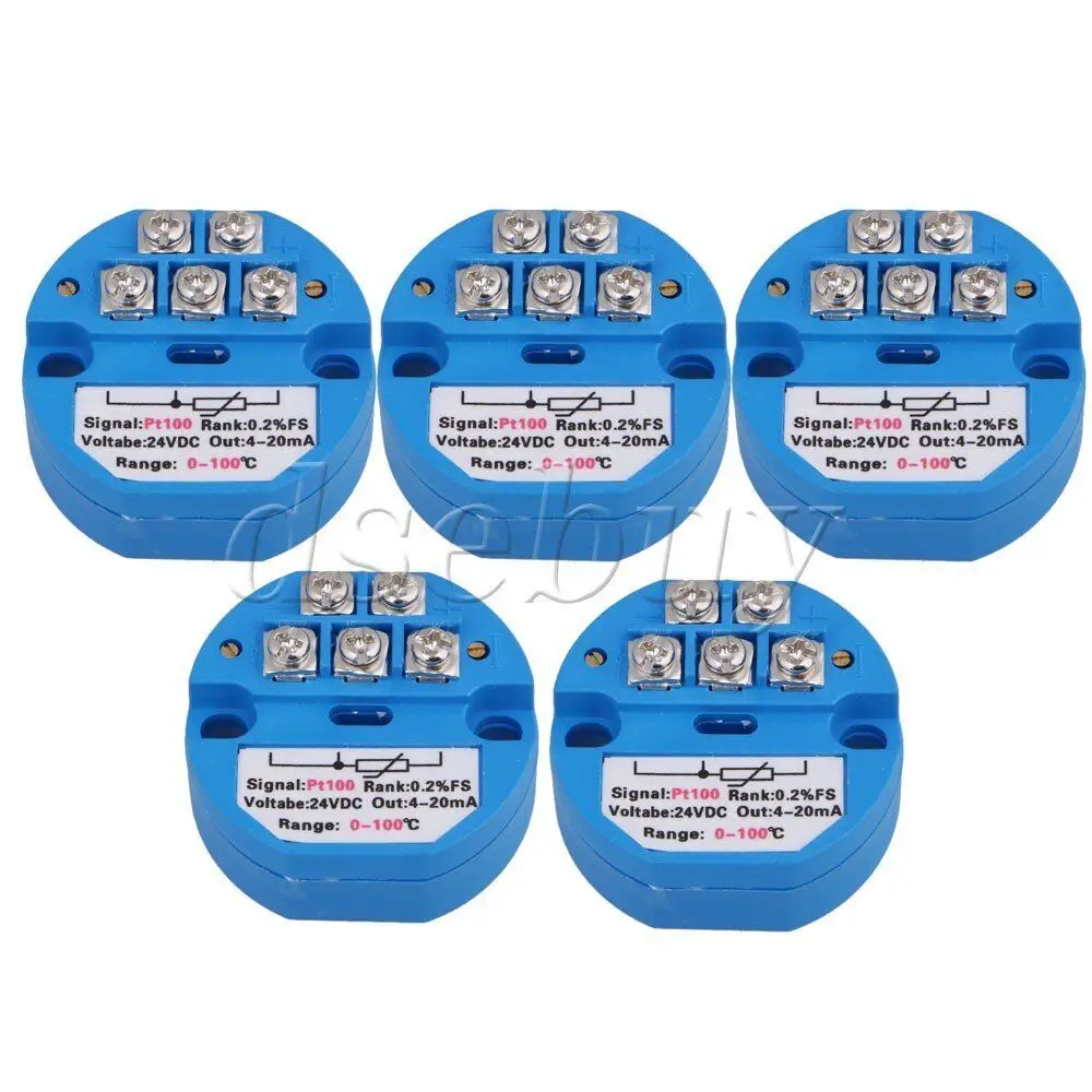 

5xPlastic PT100 Temperature Transmitter Sensor 0-100C 4-20mA Output Blue