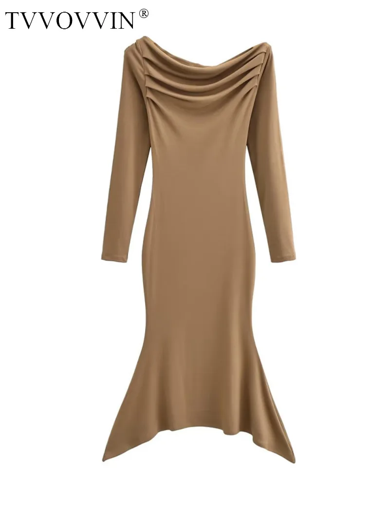 

Женское весеннее платье-Русалка womtecha, приталенное Плиссированное Привлекательное платье-Русалка с воротником-лодочкой, асимметричное эластичное длинное платье с высокой талией, платья Q5T