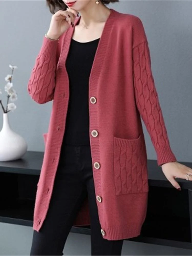 

2022 New Autumn Women Vintage Sweater Coat V Neck Solid Loose Knitwear Single Breasted Casual Knit Cardigan Outwear Sueter Mujer