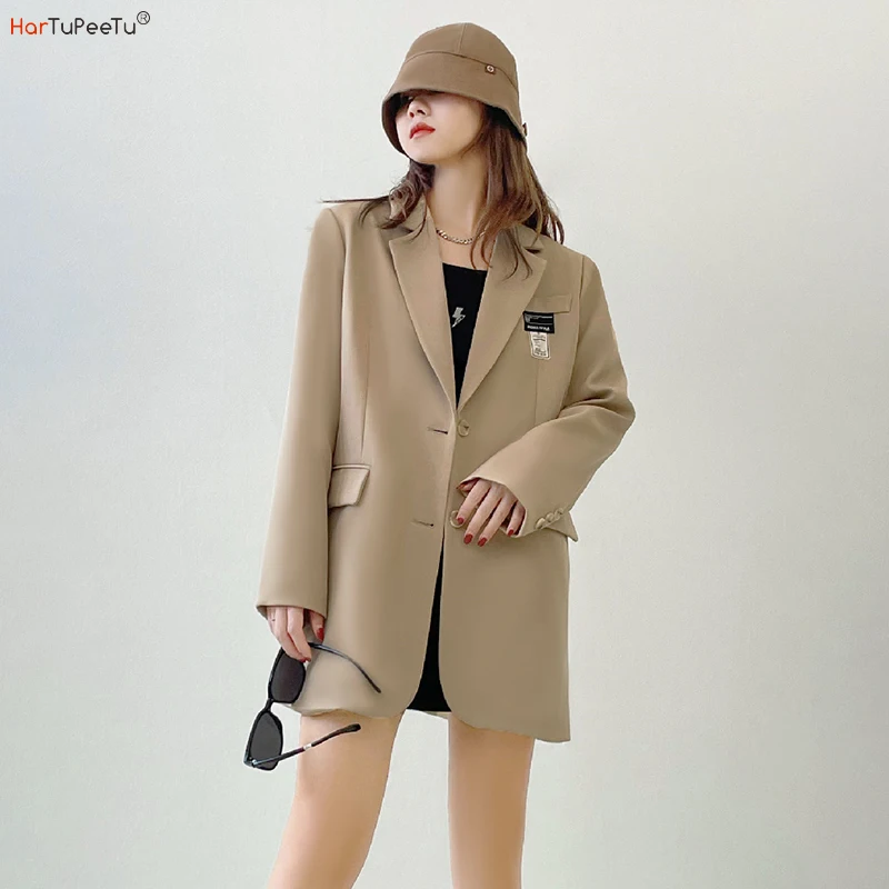 

Chic Khaki Tailored Coat Women 2023 New Long Sleeve Blazer Jacket Fashion Office Wear Pockets Lapel Fit Female Outerwear Top