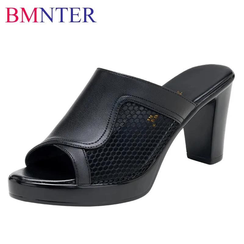 

Small Plus Size 32-43 Genuine Leather Shoes Block Heel Platform Slippers Summer 2023 Mesh Breathable High Heels Slides Women