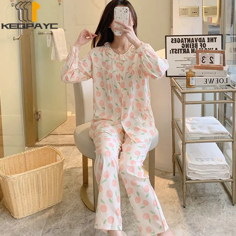 Women's Pajamas New Spring Autumn Peter Pan Collar Long Sleeve Thin Sleepwear Pyjamas Woman Cartoon Nightwear Clothing Sets