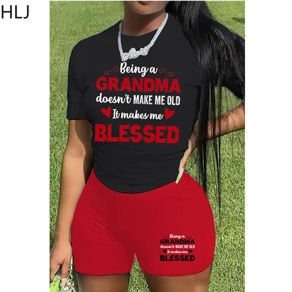 

HLJ Summer Letter Printing Shorts Sets Women Round Neck Top And Biker Shorts Two Piece Sets Casual Matching Sporty 2pcs Outfits