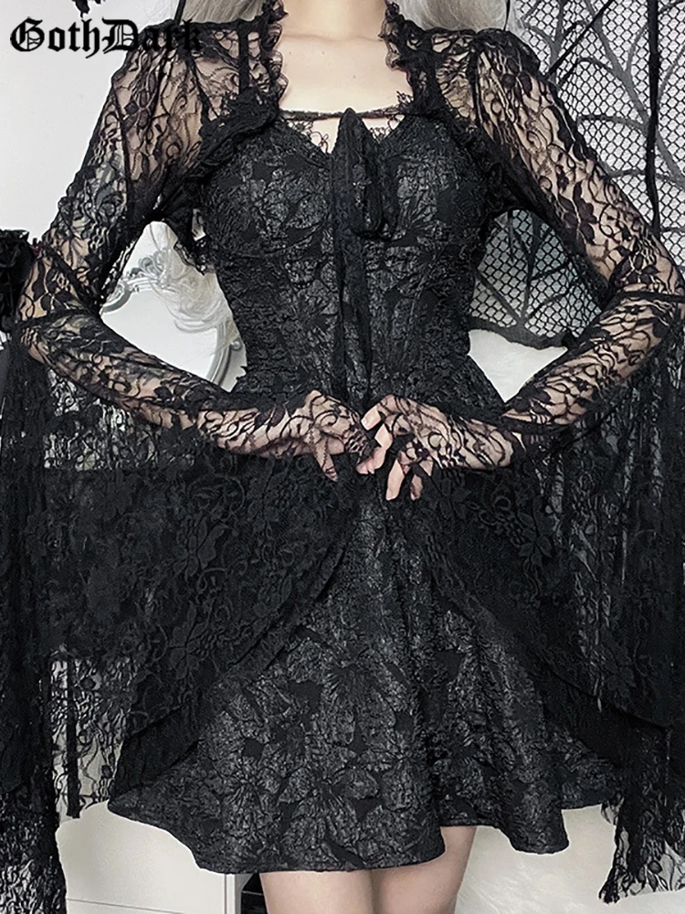 

Goth Dark Elegant Mall Gothic Lace See Through Shrug Tops Grunge Style Punk Flare Sleeve Women Blouses Black Emo Sexy Alt Outfit