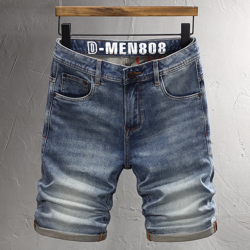 Fashion Designer Men Jeans Summer Trendy Retro Washed Blue Elastic Printed Short Jeans Homme Vintage Casual Denim Shorts Men