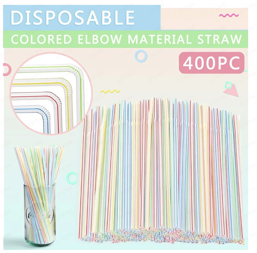 

400 Pcs Disposable Elbow Plastic Straws For Kitchenware Bar Party Event Alike Supplies Striped Bendable Cocktail Drinking Straws