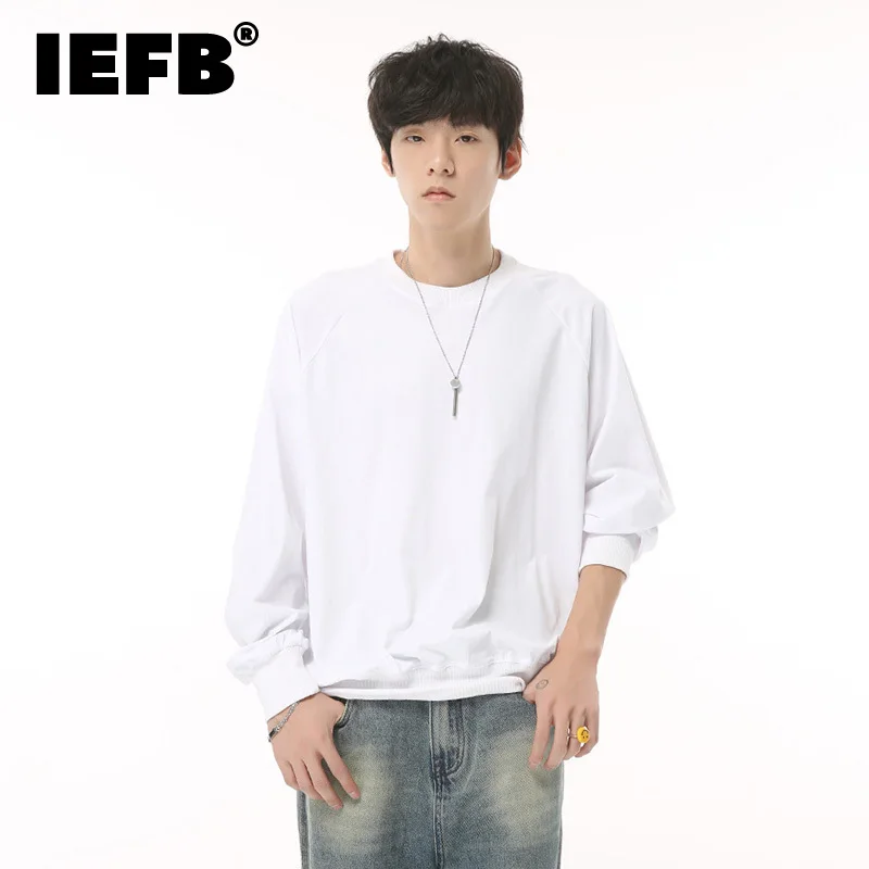 

IEFB Long Sleeve Hoodie Trend Men's Autumn New Korean Style Loose Pullover Pure Cotton Round Neck Simple Underlay Sweater 9C1236