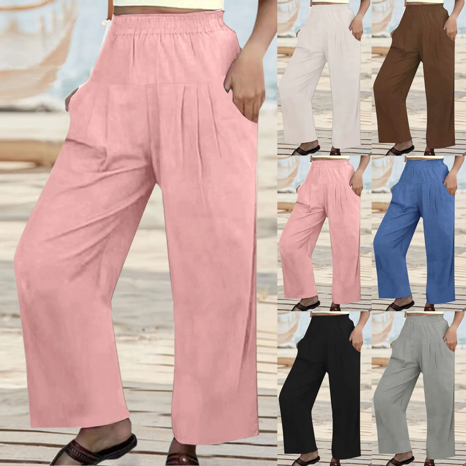 

Брюки женские из хлопка и льна, модные однотонные прямые брюки до щиколотки с эластичным поясом, повседневные штаны с широкими штанинами