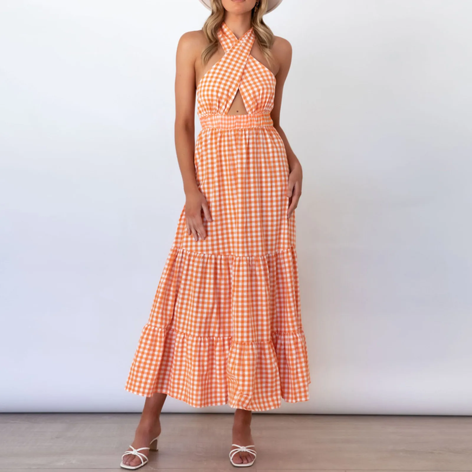 

Женские элегантные сексуальные платья в стиле бохо, клетчатое платье макси с воротником-халтером и цветочным принтом, модное облегающее ко...