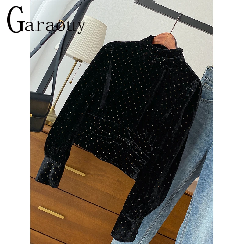 

Garaouy 2022 Woman Vintage Velvet Stand Collar Long Sleeve Pullover Female Chic Short Hollow Out Sexy Shirts Party Mujer Tops