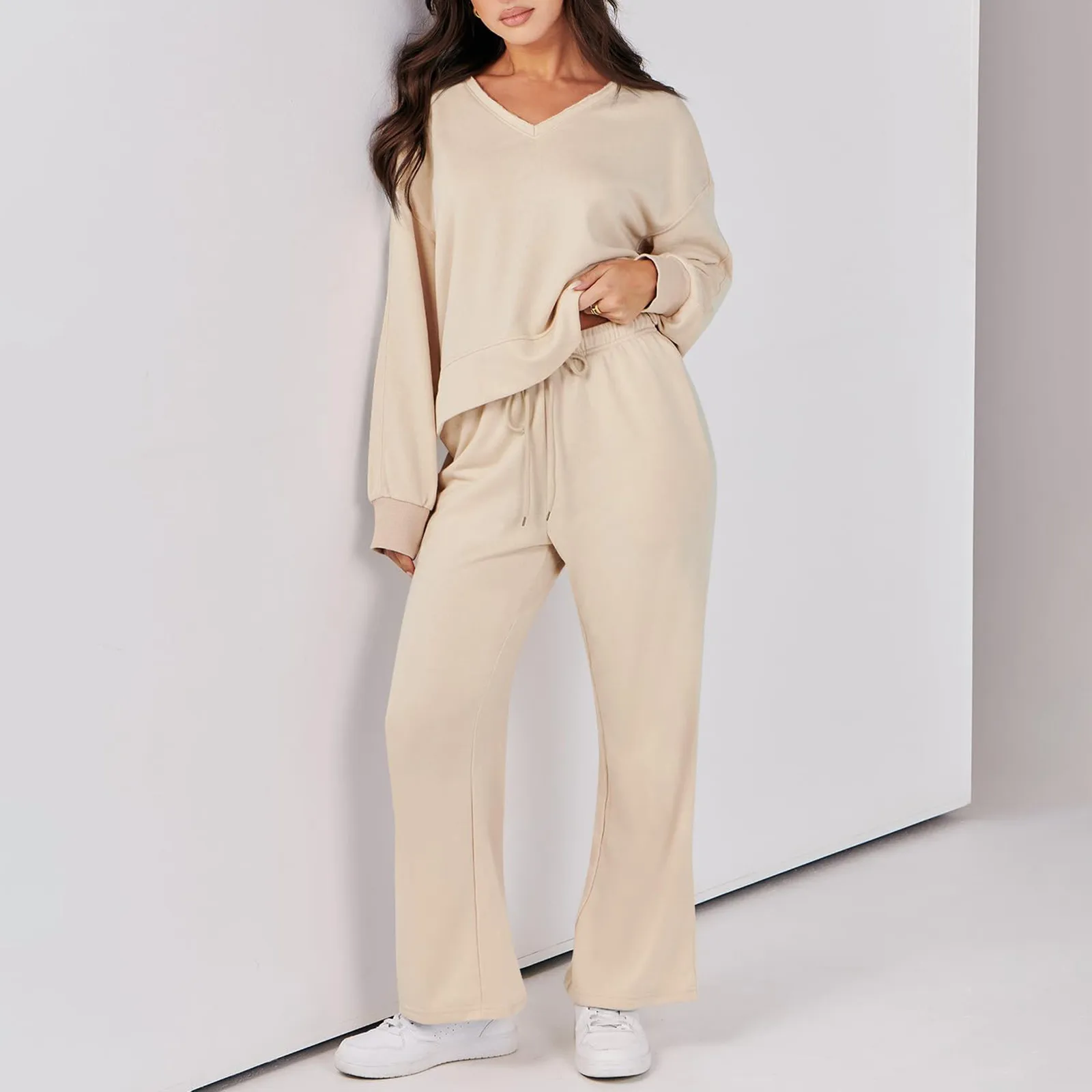 

Fashion Women's Two Piece Outfits Solid Color Matching Sets Long Sleeve Pullover Tops Wide Leg Pants Tracksuit Sets