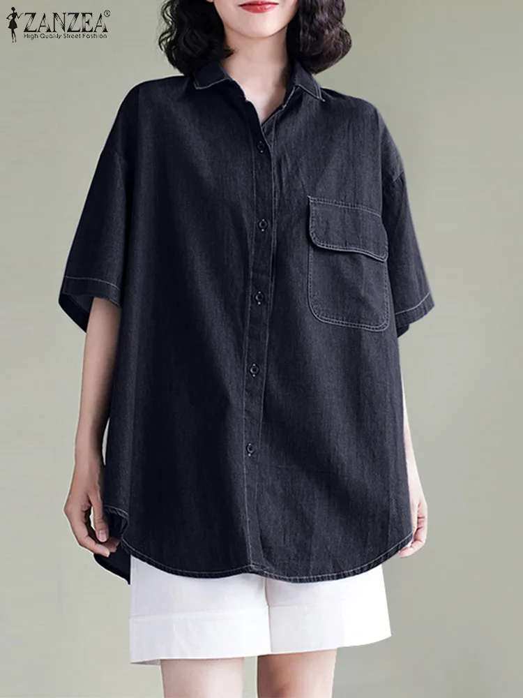 

ZANZEA Lapel Short Sleeve Tops Oversized Summer Basic Button Up Shirts Denim Women Leisure Causal Blouses Loose BF Style Chemise