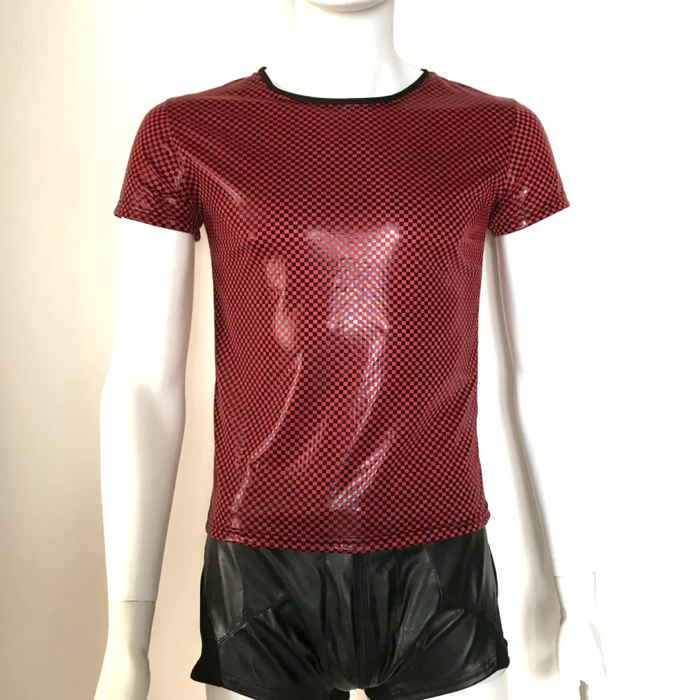 

Latex Men Sexy Faux leather plaid t shirts Male Undershirts Men black red Tees tight shirts Gay Funny corset Dancewear lingerie