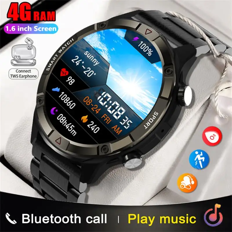 

Global Premiere Sports Music Smartwatch 1.6-inch HD Screen 4GB RAM Bluetooth Call Smart Watch Waterproof Clock For TWS Earphones