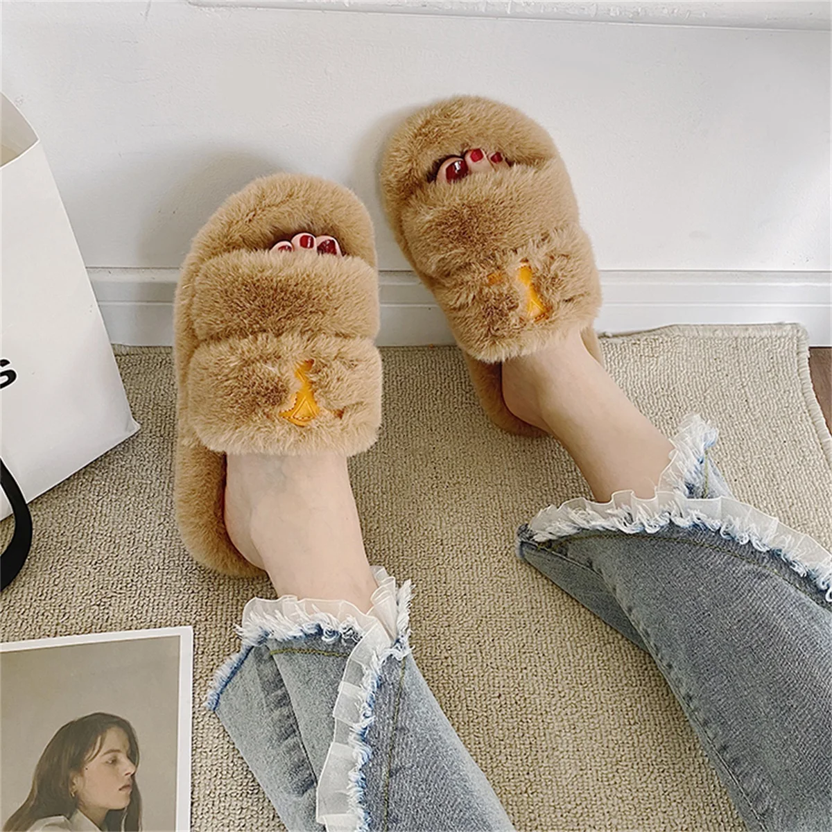 New Spring Autumn Fashion Women's Slippers Flat-Bottomed All-Match Fur Drag Open Toe Women Shoes