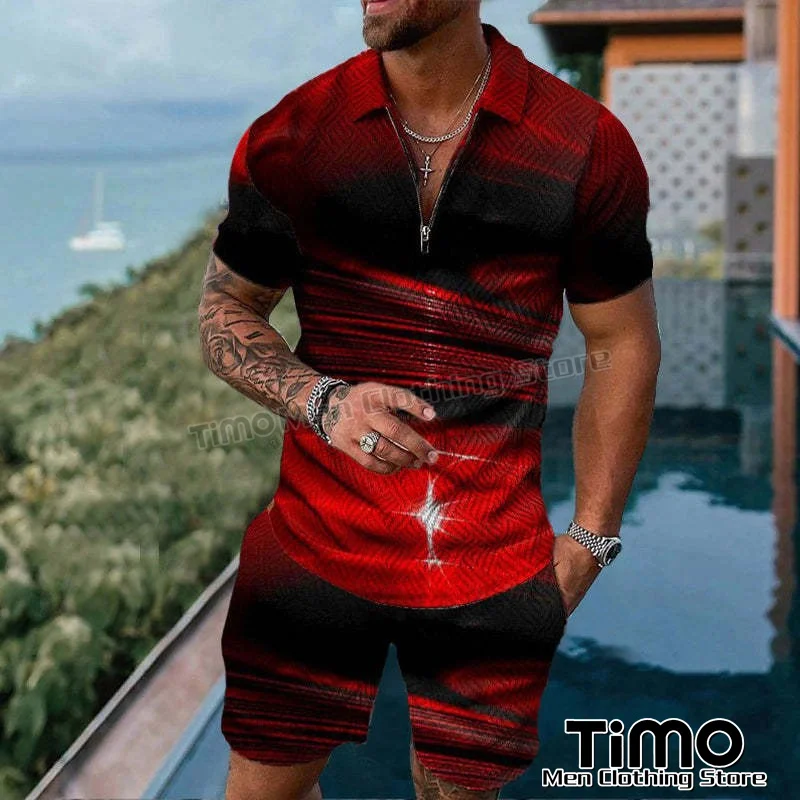 2023 Men New Sportswear Set Summer Fashion Casual Street Polo Collar Pullover+Shorts 2 Piece Men's Jogging Short Sleeve Set