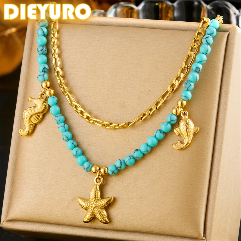 Женское Двухслойное колье DIEYURO из нержавеющей стали 316L с бирюзой морской звездой