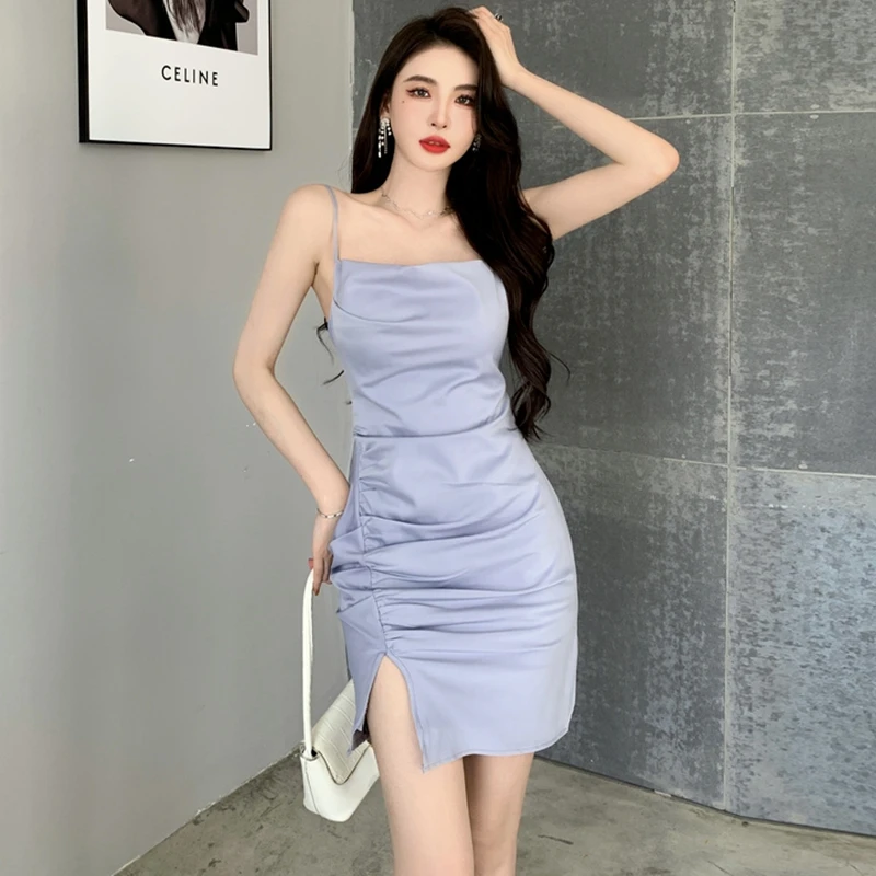 

Sexy Sleeveless Backless Short Spaghetti Strap Mini Dress Women Summer Club Party split Skinny Tight Sheath Bodycon Pencil Dress