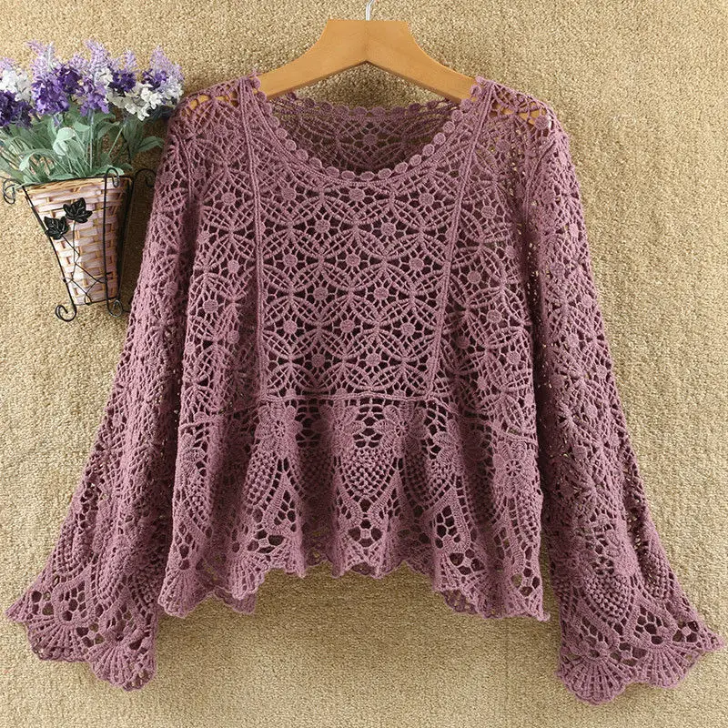 

Pullovers 2022 autumn long-sleeved hollow short pullover thin women fashion Western-style tops long-sleeved outer wear shirts